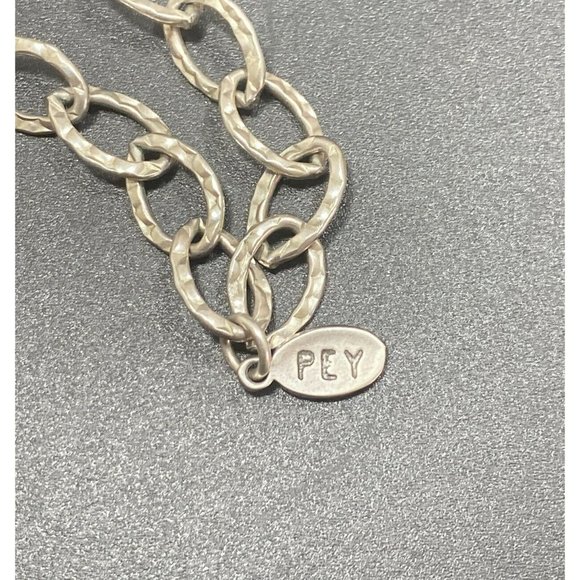 925 PEY Necklace Oval Hammered Link Puffy Heart Pendant Toggle Closure 17in - Picture 4 of 6